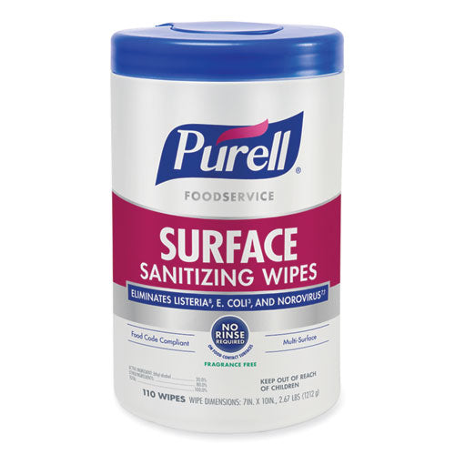 Purell Foodservice Surface Sanitizing Wipes, Fragrance-Free, 10 x 7, 110-Canister, 6 Canisters-Carton 9341-06