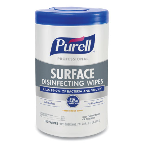 Purell Professional Surface Disinfecting Wipes, 7 x 8, Fresh Citrus, 110-Canister, 6 Canister-Carton 9342-06