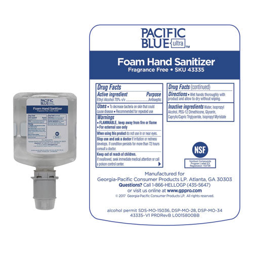 Georgia Pacific Professional Pacific Blue Ultra Foam Hand Sanitizer Refill For Manual Dispensers, Fragrance-Free, 1,000 mL, 4-Carton 43335