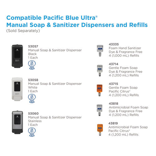 Georgia Pacific Professional Pacific Blue Ultra Foam Soap Manual Refill, Fragrance-Free, 1,200 mL, 4-Carton 43714