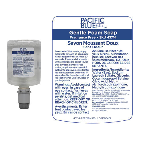 Georgia Pacific Professional Pacific Blue Ultra Foam Soap Manual Refill, Fragrance-Free, 1,200 mL, 4-Carton 43714
