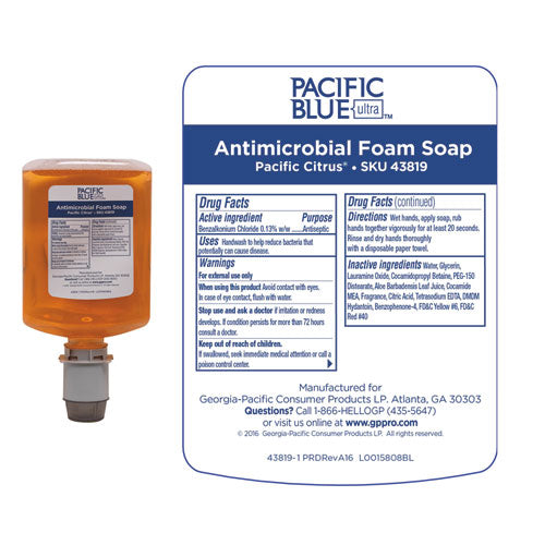 Georgia Pacific Professional Pacific Blue Ultra Manual Dispenser Foam Refill, Antimicrobial, Pacific Citrus, 1,200 mL, 4-Carton 43819
