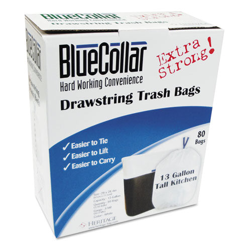 BlueCollar Drawstring Trash Bags, 13 gal, 0.8 mil, 24" x 28", White, 80-Box N4828EW RC1