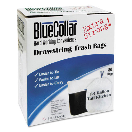 BlueCollar Drawstring Trash Bags, 13 gal, 0.8 mil, 24" x 28", White, 480-Carton N4828EW RC1