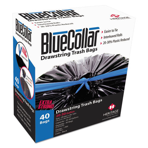 BlueCollar Drawstring Trash Bags, 30 gal, 1 mil, 30" x 34", Black, 40-Box N6034YK RC1