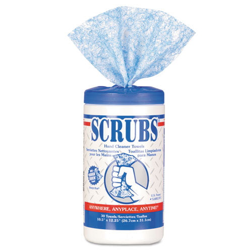 Scrubs Hand Cleaner Towels, 10 x 12, Blue-White, 30-Canister 42230