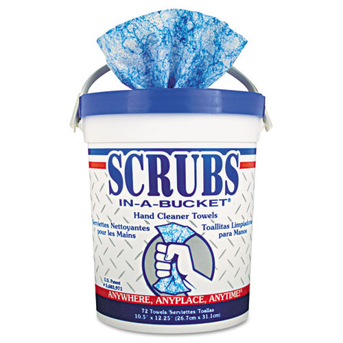 Scrubs Hand Cleaner Towels, 10 x 12, Blue-White, 72-Bucket, 6 Buckets-Carton 42272