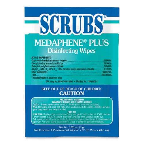 SCRUBS Medaphene Disinfectant Wet Wipes, 6 x 8, White, Individually Wrapped Foil Packets, 100-Carton 96301