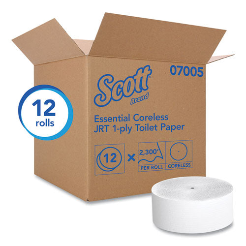 Scott Essential Coreless JRT, Septic Safe, 1-Ply, White, 2300 ft, 12 Rolls-Carton 7005