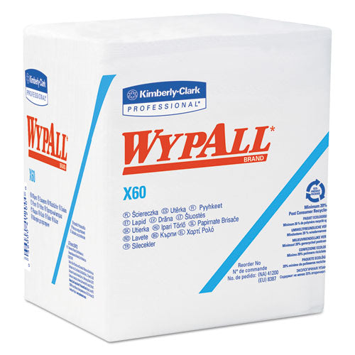WypAll X60 Cloths, 1-4 Fold, 12 1-2 x 13, White, 76-Box, 12 Boxes-Carton 34865