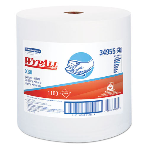 WypAll X60 Cloths, Jumbo Roll, White, 12 1-2 x 13 2-5, 1100 Towels-Roll 34955