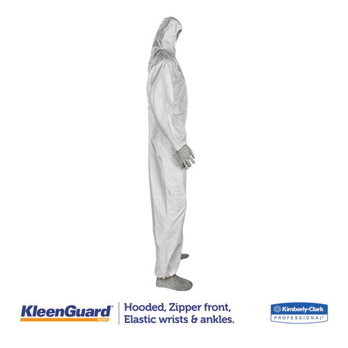 KleenGuard A35 Liquid and Particle Protection Coveralls, Zipper Front, Hooded, Elastic Wrists and Ankles, Large, White, 25-Carton 38938
