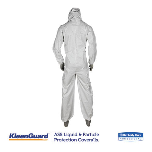 KleenGuard A35 Liquid and Particle Protection Coveralls, Zipper Front, Hooded, Elastic Wrists and Ankles, Large, White, 25-Carton 38938