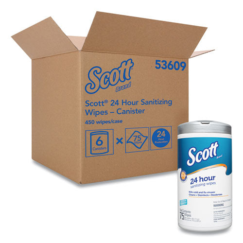 Scott 24-Hour Sanitizing Wipes, 4.5 x 8.25, White, 75-Canister, 6 Canisters-Carton 53609