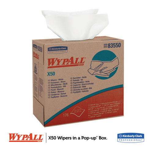 WypAll X50 Cloths, POP-UP Box, 9 1-10 x 12 1-2, White, 176-Box, 10 Boxes-Carton KCC 83550