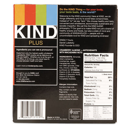 Kind Plus Nutrition Boost Bar, Cranberry Almond and Antioxidants, 1.4 oz, 12-Box 17211