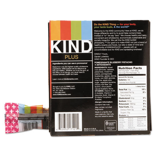 Kind Plus Nutrition Boost Bar, Pom. Blueberry Pistachio-Antioxidants, 1.4 oz, 12-Box 17221
