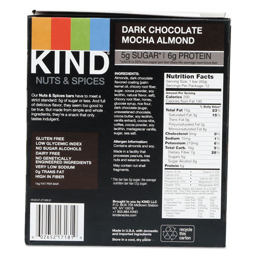 Kind Nuts and Spices Bar, Dark Chocolate Mocha Almond, 1.4 oz Bar, 12-Box 18554