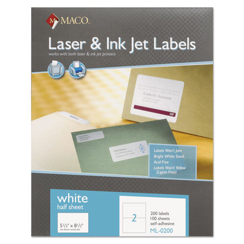 MACO Cover-All Opaque Laser-Inkjet Shipping Labels, Internet Format, 5.5 x 8.5, White, 2 Labels-Sheet, 100 Sheets-Box MML-0200