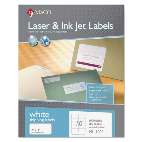 MACO Cover-All Opaque Laser-Inkjet Shipping Labels, Inkjet-Laser Printers, 2 x 4, White, 10 Labels-Sheet, 100 Sheets-Box MML-1000
