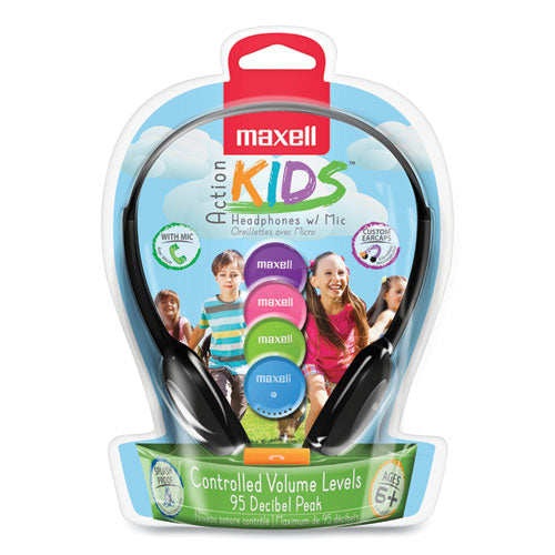 Maxell Kids Safe Headphones with Inline Microphone, Black with Interchangeable Caps in Pink-Blue-Silver 195004