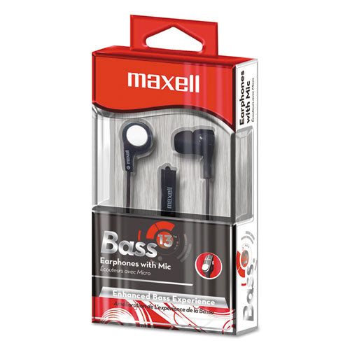 Maxell B-13 Bass Earbuds with Microphone, Black, 52" Cord 199621