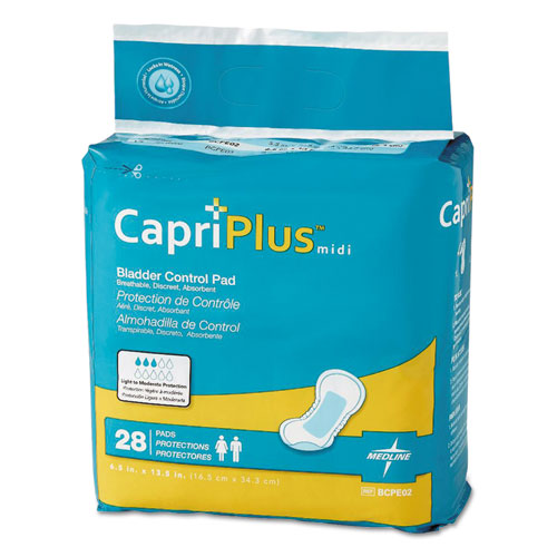 Medline Capri Plus Bladder Control Pads, Extra Plus, 6.5" x 13.5", 28-Pack, 6-Carton BCPE02