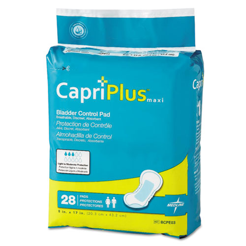 Medline Capri Plus Bladder Control Pads, Ultra Plus, 8" x 17", 28-Pack, 6-Carton BCPE03