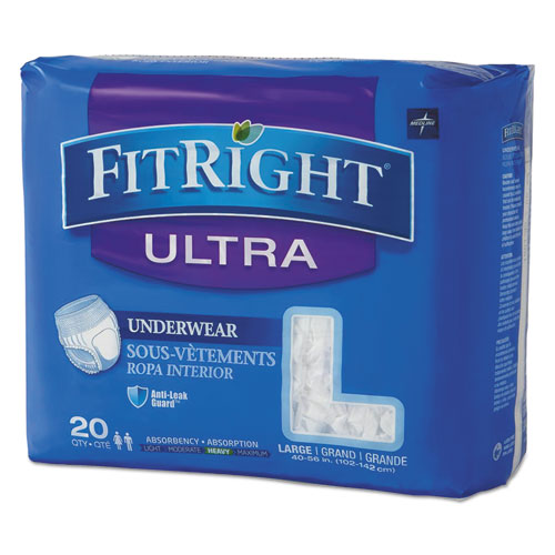 Medline FitRight Ultra Protective Underwear, Large, 40" to 56" Waist, 20-Pack, 4 Pack-Carton FIT23505A