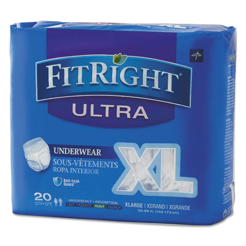 Medline FitRight Ultra Protective Underwear, X-Large, 56" to 68" Waist, 20-Pack, 4 Pack-Carton FIT23600A