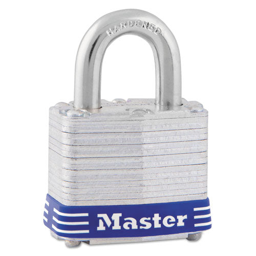 Master Lock Four-Pin Tumbler Lock, Laminated Steel Body, 1 9-16" Wide, Silver-Blue, Two Keys 3D