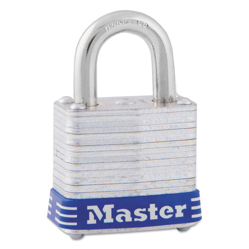 Master Lock Four-Pin Tumbler Lock, Laminated Steel Body, 1 1-8" Wide, Silver-Blue, Two Keys 7D