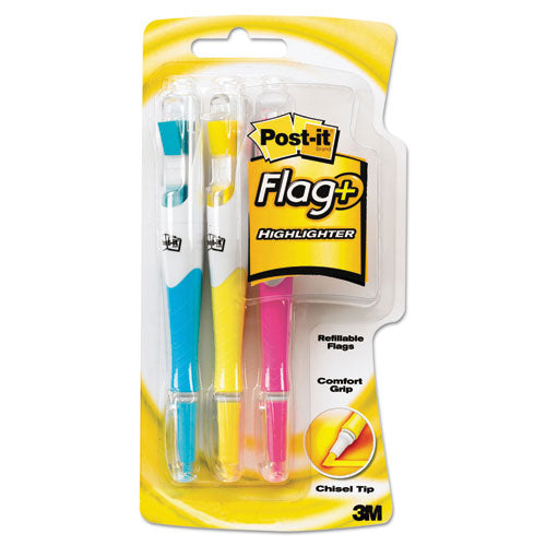 Post-it Flag + Highlighter, Assorted Ink-Flag Colors, Chisel Tip, Assorted Barrel Colors, 3-Pack 689-HL3