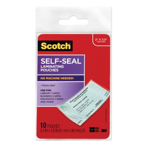 Scotch Self-Sealing Laminating Pouches, 9 mil, 3.8" x 2.4", Gloss Clear, 10-Pack LS851-10G
