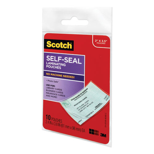 Scotch Self-Sealing Laminating Pouches, 9 mil, 3.8" x 2.4", Gloss Clear, 10-Pack LS851-10G