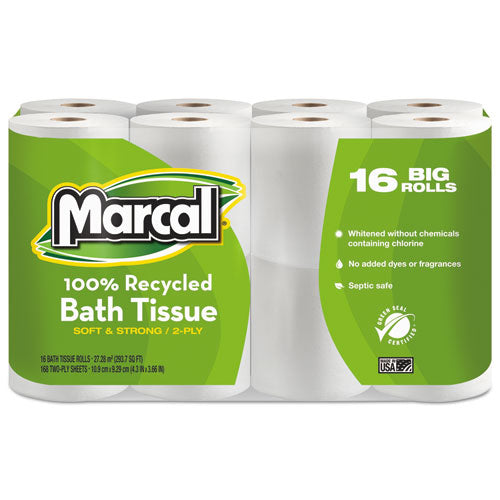 Marcal 100% Recycled Bath Toilet Tissue Paper 2 Ply 168 Sheets White (16 Rolls) 16466