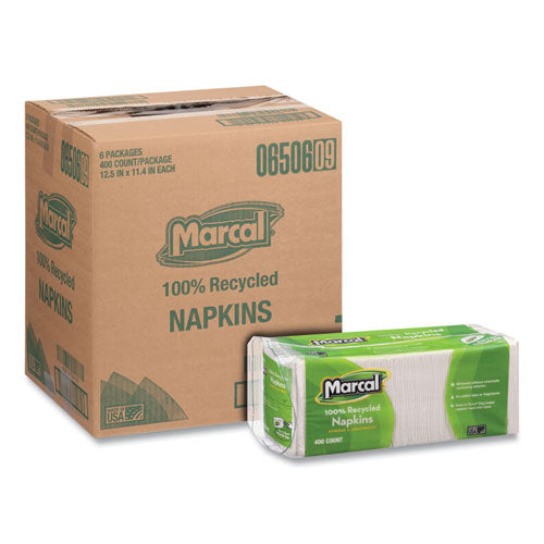 Marcal 100% Recycled Lunch Napkins, 1-Ply, 11.4 x 12.5, White, 400-Pack 6506