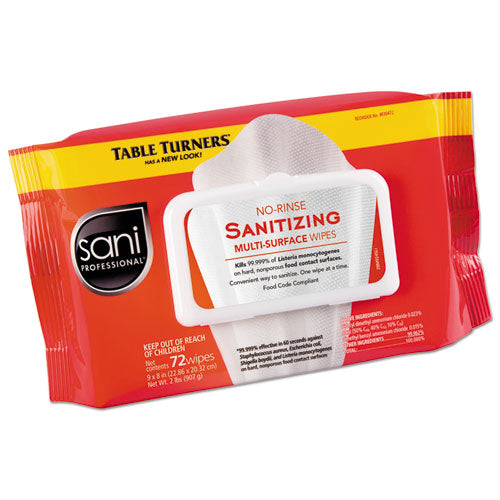 Sani Professional No-Rinse Sanitizing  Multi-Surface Wipes, 9" x 8", White, 72 Wipes-PK, 12-Carton M30472