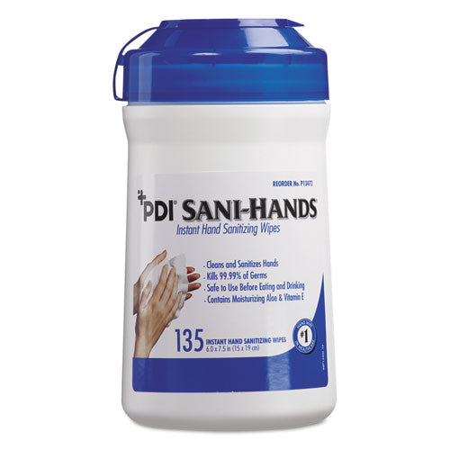 Sani Professional Sani-Hands ALC Instant Hand Sanitizing Wipes, 7.5x6, White, 135-Canister,12-Ctn P13472