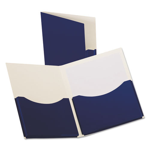 Oxford Double Stuff Gusseted 2-Pocket Laminated Paper Folder, 200-Sheet Capacity, 11 x 8.5, Navy, 20-Box 54443