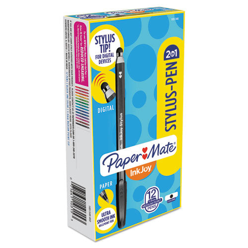 Paper Mate InkJoy 100 Ballpoint Pen-Stylus, Stick, Medium 1 mm, Black Ink, Black Barrel, Dozen 1951348