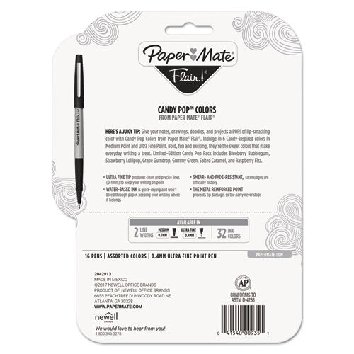 Paper Mate Flair Felt Tip Porous Point Pen, Stick, Extra-Fine 0.4 mm, Assorted Ink Colors, Gray Barrel, 16-Pack 2027233