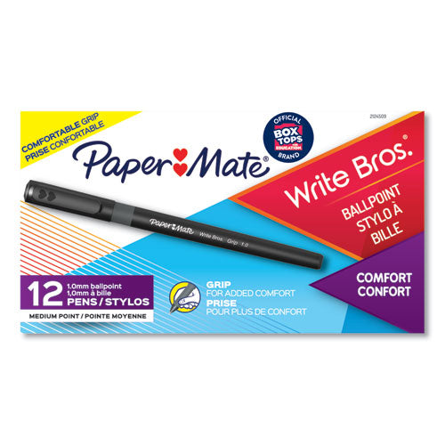 Paper Mate Write Bros. Grip Ballpoint Pen, Stick, Medium 1 mm, Black Ink, Black Barrel, Dozen 2124509