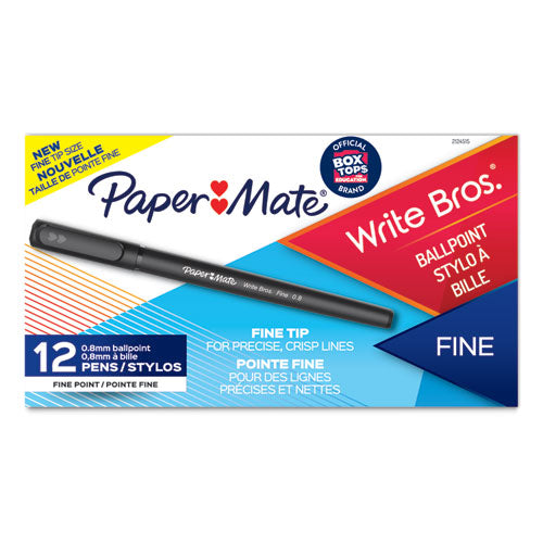 Paper Mate Write Bros. Ballpoint Pen, Stick, Fine 0.8 mm, Black Ink, Black Barrel, Dozen 2124515