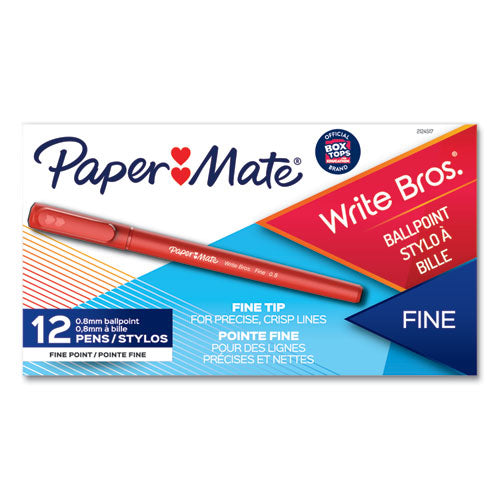 Paper Mate Write Bros. Ballpoint Pen, Stick, Fine 0.8 mm, Red Ink, Red Barrel, Dozen 2124517