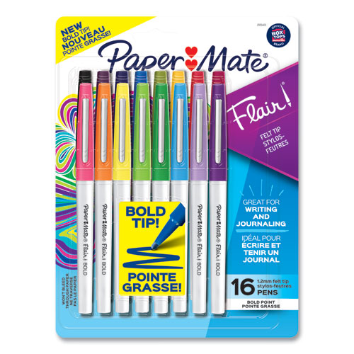 Paper Mate Flair Felt Tip Porous Point Pen, Stick, Bold 1.2 mm, Assorted Ink Colors, White Pearl Barrel, 16-Pack 2125413