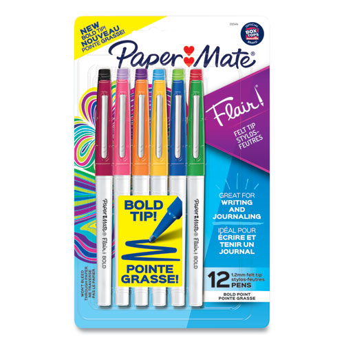 Paper Mate Flair Felt Tip Porous Point Pen, Stick, Bold 1.2 mm, Assorted Ink Colors, White Pearl Barrel, 12-Pack 2125414