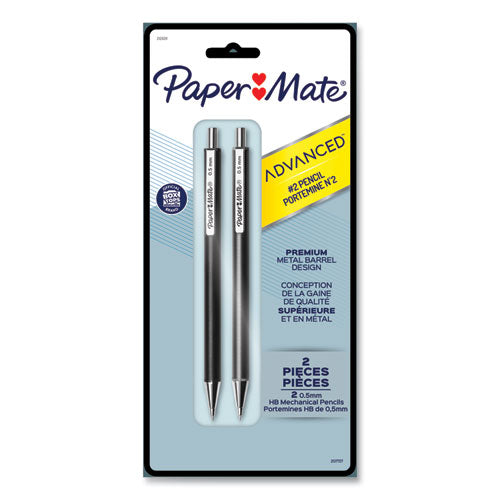 Paper Mate Advanced Mechanical Pencils, 0.5 mm, HB (#2), Black Lead, Black; Gray Barrel, 2-Pack 2128211