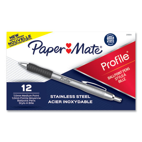 Paper Mate Profile Metal Ballpoint Pen, Retractable, Medium 1 mm, Black Ink, Silver Barrel, Dozen 2130514