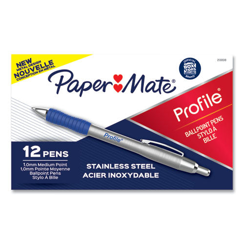 Paper Mate Profile Metal Ballpoint Pen, Retractable, Medium 1 mm, Blue Ink, Silver Barrel, Dozen 2130518